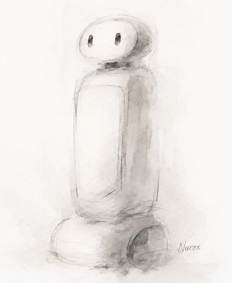 Hand-drawn concept sketch of Alva, Nurox's care robot, in soft watercolor
