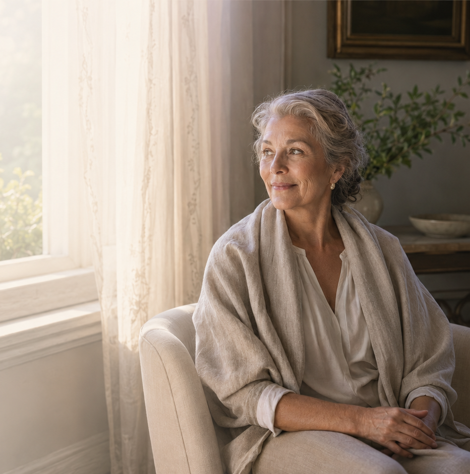 An older woman relaxing comfortably at home